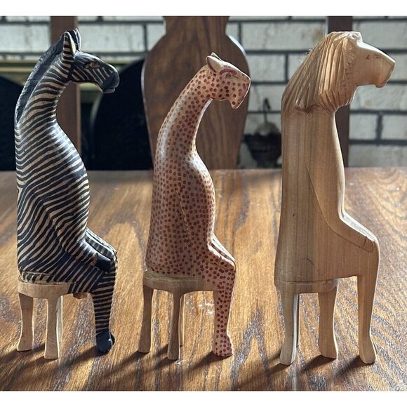 Kenya Wood Hand Carved 3 Party Animals Sitting Made Kenya Zebra, Lion, Cheetah‎ - Picture 1 of 10